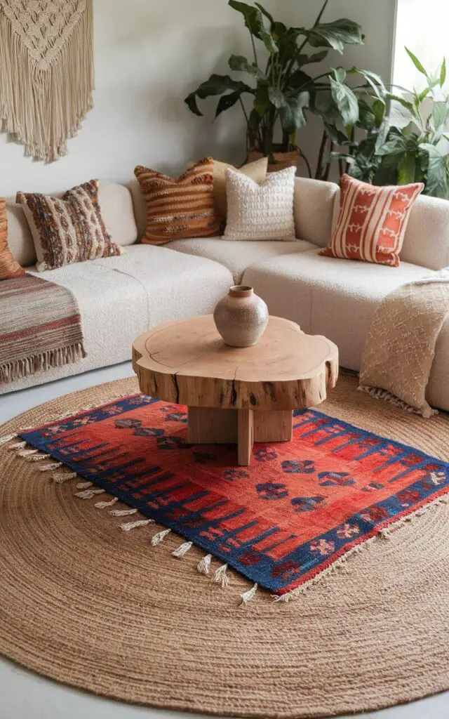 A boho-style living room with a large jute base rug topped with a smaller, colorful kilim rug featuring geometric patterns in red and blue. The very cozy beige sectional sofa is adorned with mismatched throw pillows in various bohemian prints. A round wooden coffee table with a rustic finish holds a ceramic vase. The textured rugs, along with a macramé wall hanging and lush indoor plants, create a laid-back, earthy ambiance.