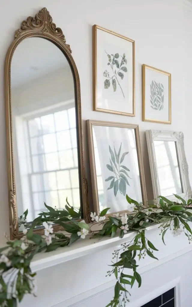 A spring mantel with layered mirrors and frames of various shapes and sizes. The mirrors reflect natural light, while the frames display botanical prints. A greenery garland with delicate white blossoms weaves through the display, adding a fresh spring touch to the elegant arrangement.