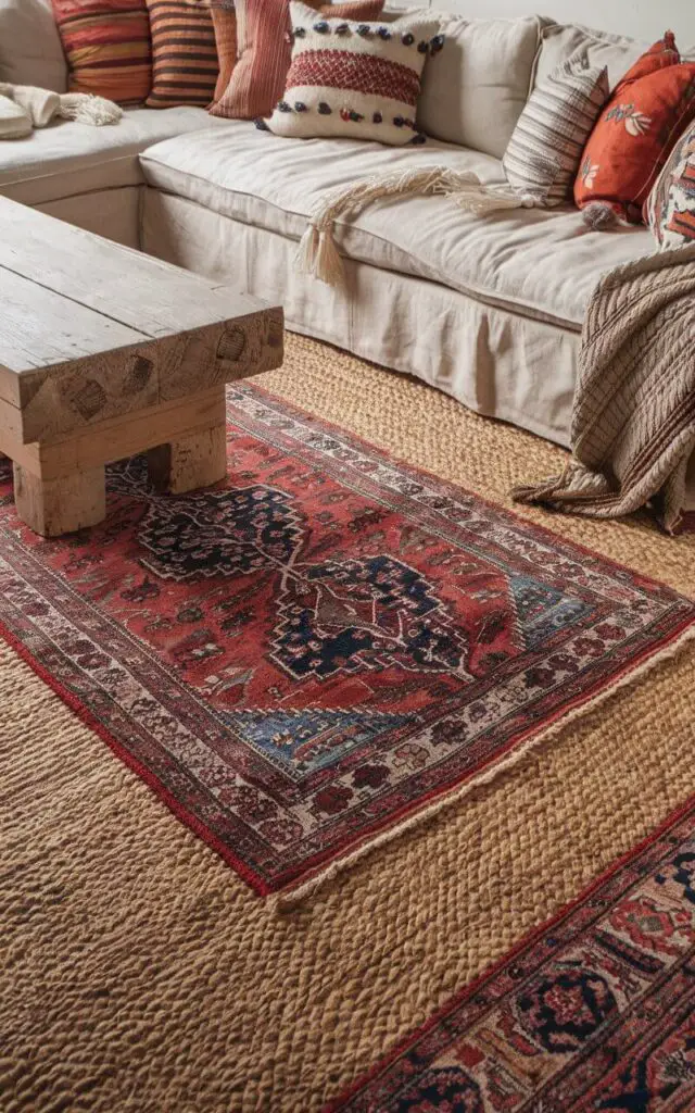 A cozy and eclectic living room with a layered rug setup. The base is a large woven jute rug, while the top layer is a small Persian rug with intricate red and blue patterns. The room contains a beige linen sofa adorned with bohemian throw pillows in various colors and textures. A rustic wooden coffee table with a distressed finish sits at the center. The layered rugs bring depth and dimension, creating a warm and inviting space.