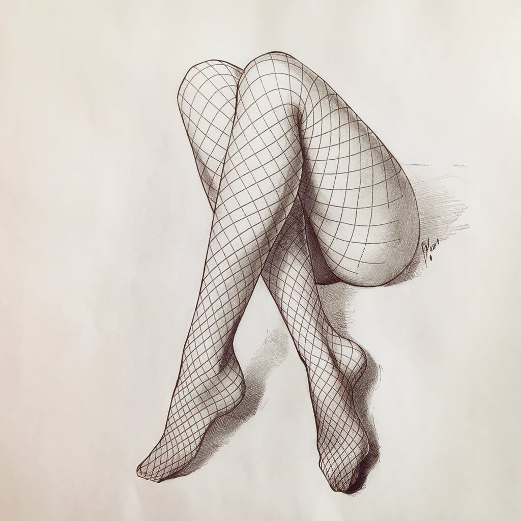 A pencil drawing of crossed legs adorned with fishnet stockings on a plain white background. The legs are elegantly crossed at the ankles. The fine crisscross pattern of the fishnets is meticulously sketched. Smooth, subtle shading highlights the curves of the legs beneath the stockings, while the delicate texture adds depth. The drawing is in a simplistic style, with intricate detail balanced by clean, understated lines.