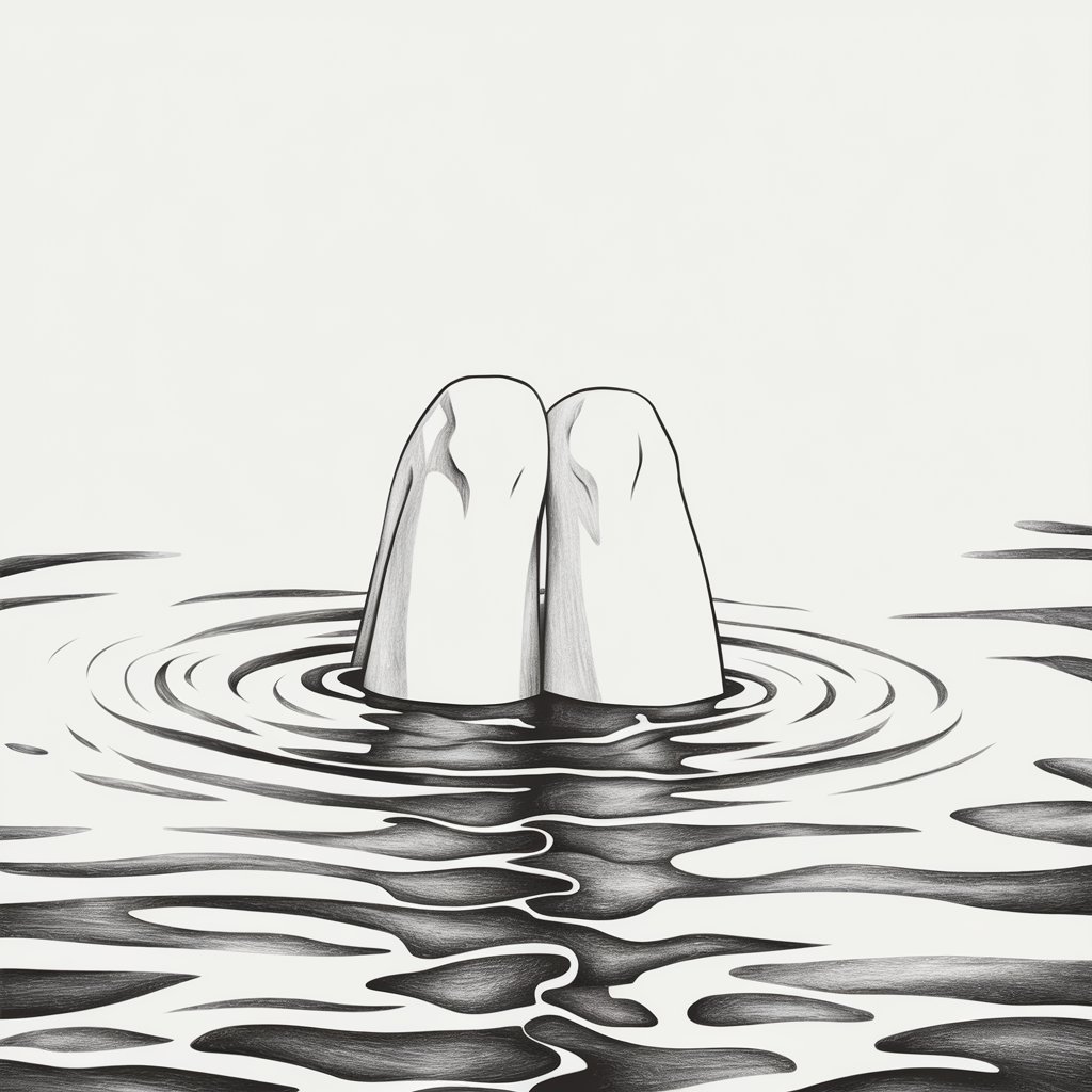 A minimalist, plain white background pencil drawing illustration of legs partially submerged in rippling water. The surface of the water distorts the lower legs, with soft, wavy lines indicating the ripples. Light shading adds depth to the legs and enhances the illusion of water. Drawn in a simplistic style, the image captures tranquility and fluidity.