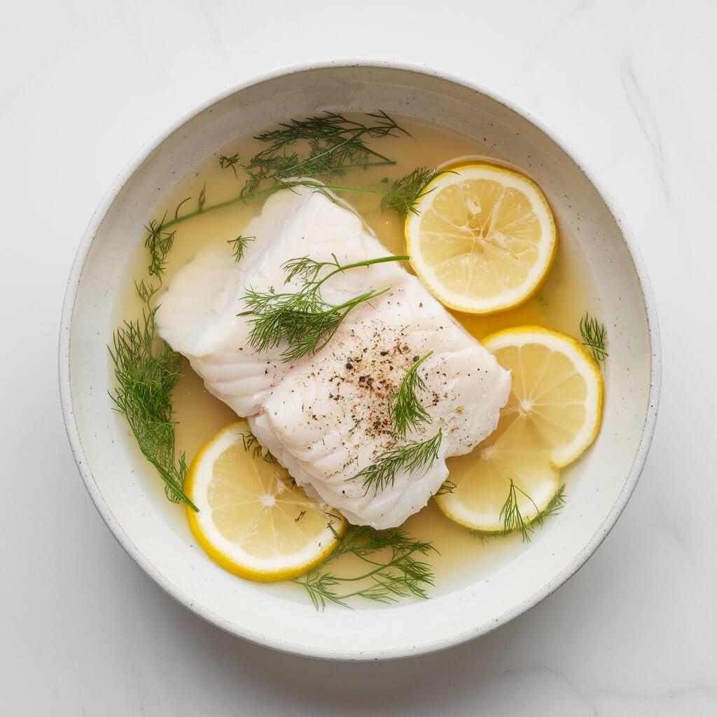 A photo of a tender fillet of poached cod in a shallow pool of light broth infused with dill and lemon slices. The fish is flaky and pale, accented with vibrant green sprigs of dill and a sprinkle of freshly ground black pepper. The dish is served in a shallow white bowl, perfectly centered on a bright white kitchen countertop for a clean, minimalist look.