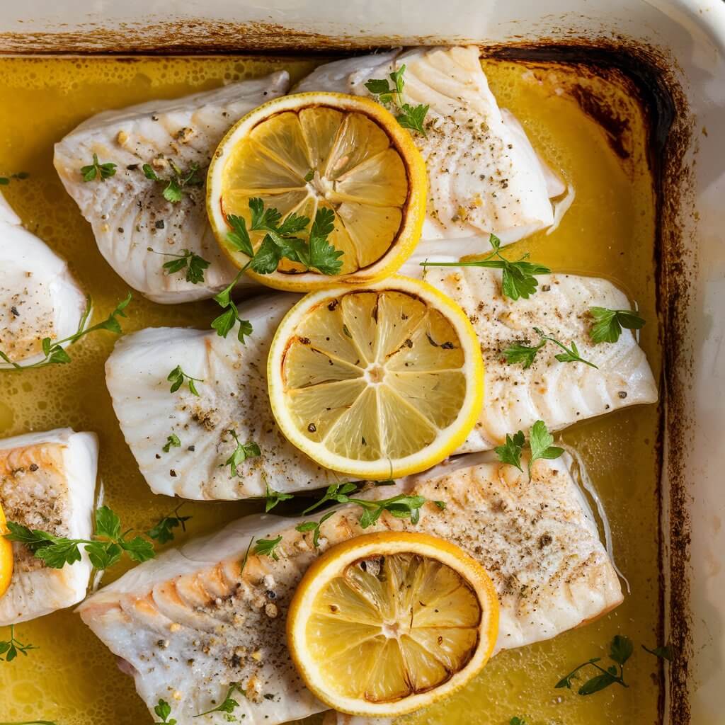 A close-up image of a golden brown baked fish dish seasoned to perfection, displayed in a rectangular white baking dish. The fish fillets are generously topped with slices of fresh lemon, some of which have been slightly caramelized during baking, giving them a light golden-brown hue. The surface of the fish is sprinkled with freshly tiny tiny chopped parsley and coarse ground black pepper, creating a vibrant contrast of colors. The dish is surrounded by a buttery, lemon-infused sauce pooling at the bottom, which glistens under the light, indicating richness and flavor. The edges of the baking dish are slightly browned, showing the effect of baking, while the presentation captures the aroma and rustic appeal of the dish. The soft lighting highlights the fresh ingredients, enhancing the visual appeal of the baked fish.