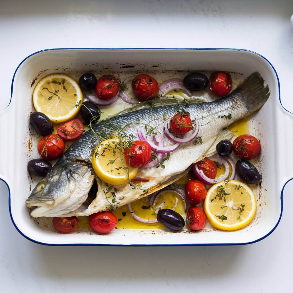 A photo of a whole fillet of baked sea bass on a white ceramic baking dish. The fish is surrounded by roasted cherry tomatoes, black olives, thinly sliced lemon, and thinly sliced red onions. Fresh herbs are scattered across the dish, and the fish glistens under a light coating of olive oil. The vibrant ingredients stand out against the white backdrop. The dish is set atop a bright white kitchen countertop, creating an elegant Mediterranean vibe.