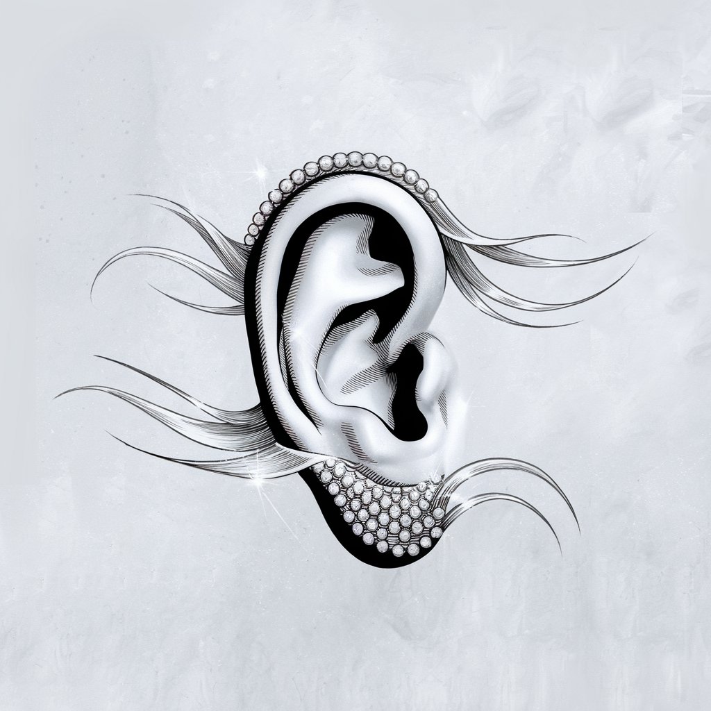 A minimalist, plain white background pencil drawing illustration of a human ear with shimmering scales and pearls embedded along its edges. The ear is black and white, drawn in a simplistic style, with flowing lines that mimic aquatic movement.