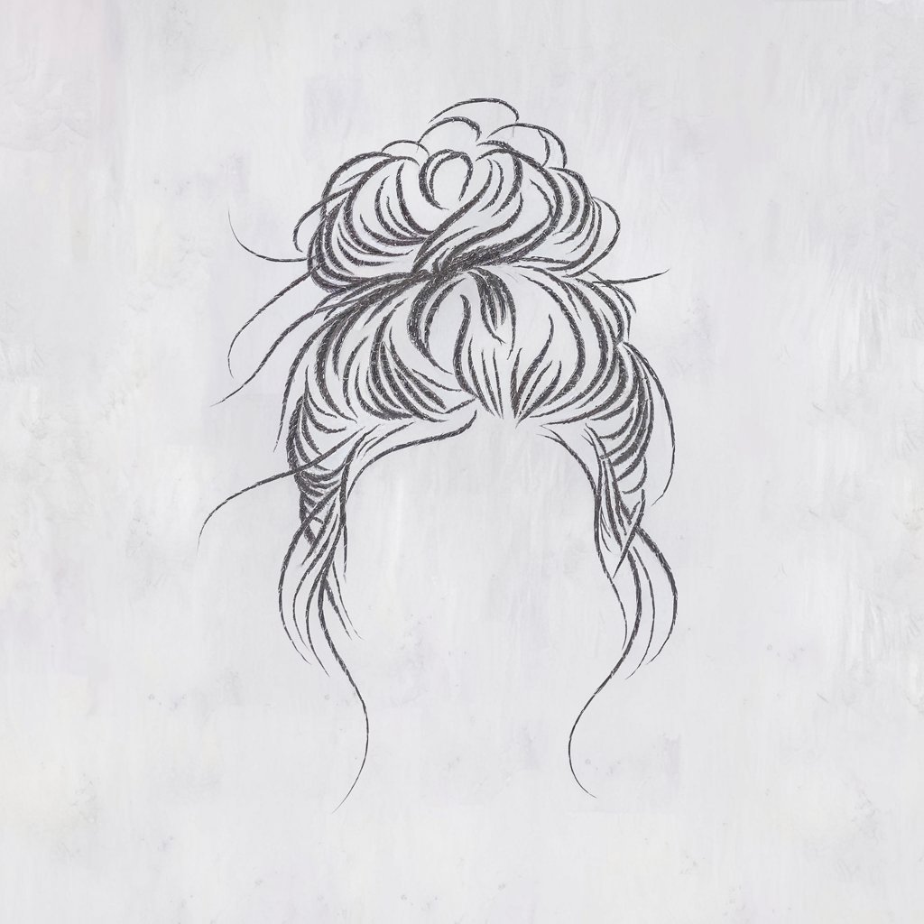 A minimalist, plain white background pencil drawing illustration of a messy bun with loose strands framing the face. The bun is drawn in a simplistic style, with light sketchy lines to capture the casual, undone look. There is subtle detailing around the scrunchie or hair tie.