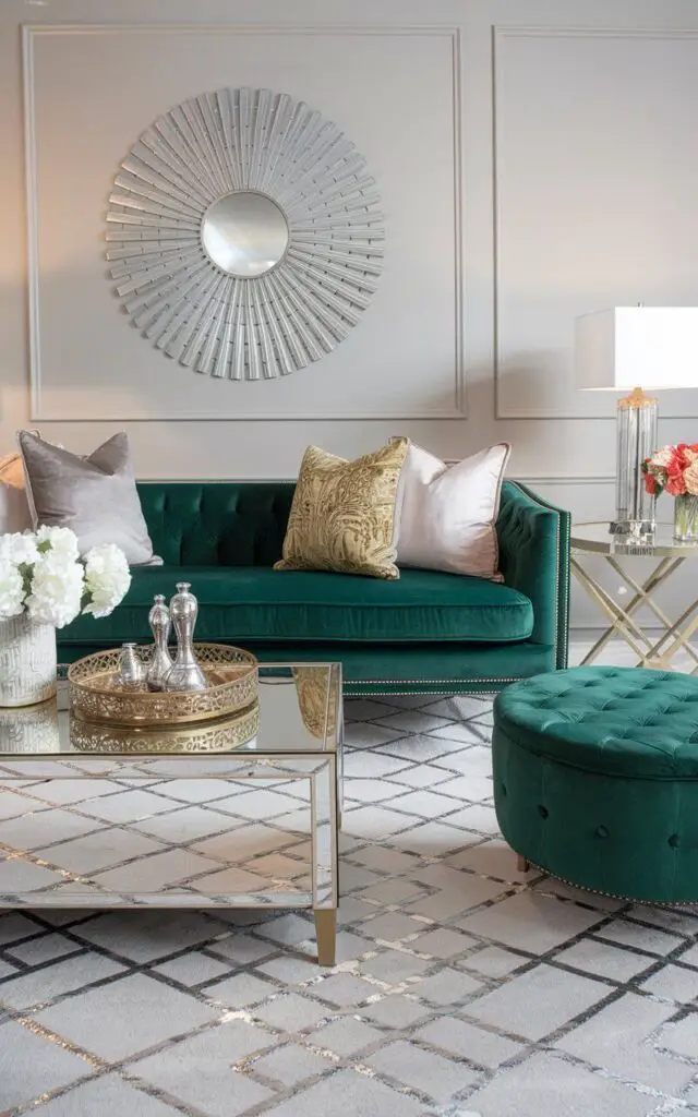 A photo of a glamorous living room with a metallic-accented living room rug in soft gray with subtle threads of silver that shimmer under the light. The very cozy velvet sofa in emerald green is paired with gold-framed throw pillows and a matching ottoman. A mirrored coffee table with decorative metallic trays enhances the luxurious vibe. The metallic accents in the rug add a touch of sophistication, elevating the entire room’s design.