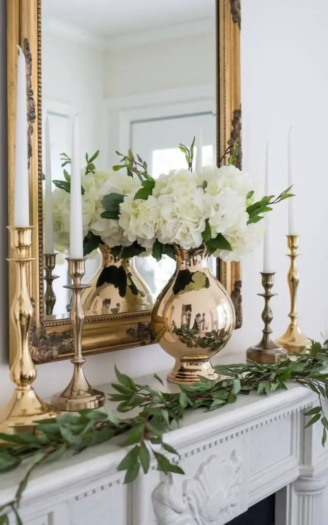 A glamorous spring mantel with gold and brass accents, such as shiny candleholders, a metallic vase, and a gold-framed mirror. The mantel is adorned with fresh white blossoms and a greenery garland, creating a striking balance between sophistication and spring's natural beauty.