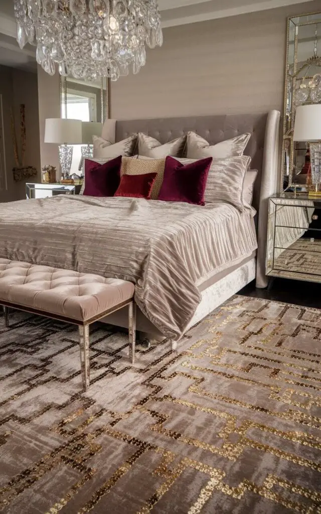 A glamorous bedroom with a rug featuring metallic silver and gold accents beneath a very cozy bed with silky, light-gray bedding. The shimmering rug catches the light from an elegant crystal chandelier, reflecting a touch of opulence throughout the room. Velvet throw pillows in jewel tones adorn the bed, while mirrored nightstands with matching lamps complete the sophisticated look.