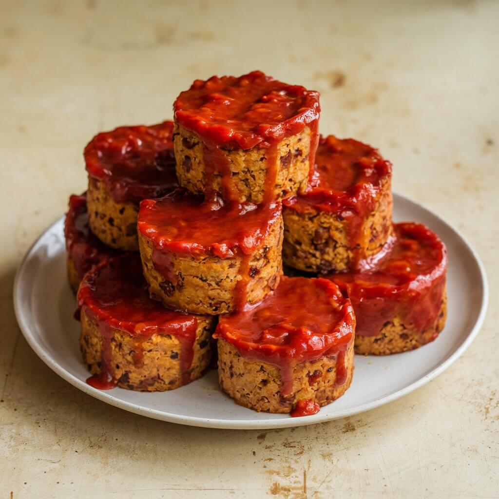 A photo of a pyramid of meatloaf mini cakes on a white plate. The mini cakes are evenly sized, with a golden-brown exterior and a slightly textured surface. The tops of the cakes are coated with a rich, glossy layer of red tomato-based glaze, slightly caramelized in areas. The plate is placed on a rustic, light-colored table.