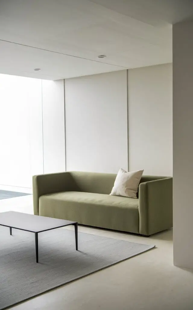 A photo of a sleek and minimalist living room with a very cozy green couch as the centerpiece. The space features clean white walls, a simple gray rug, and a streamlined black coffee table. The couch is adorned with a single white throw pillow for a pop of contrast. The uncluttered design creates a calm and peaceful atmosphere where the green couch takes center stage.