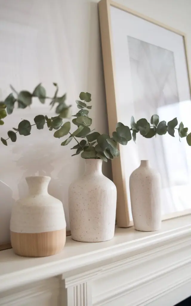 A photo of a minimalist spring mantel decorated with whitewashed vases, simple ceramic sculptures, and clean picture frames. Subtle green eucalyptus stems emerge from a single vase, while a pale wood accent piece adds warmth. The uncluttered design emphasizes lightness and simplicity, with a neutral color palette that reflects spring's fresh energy.