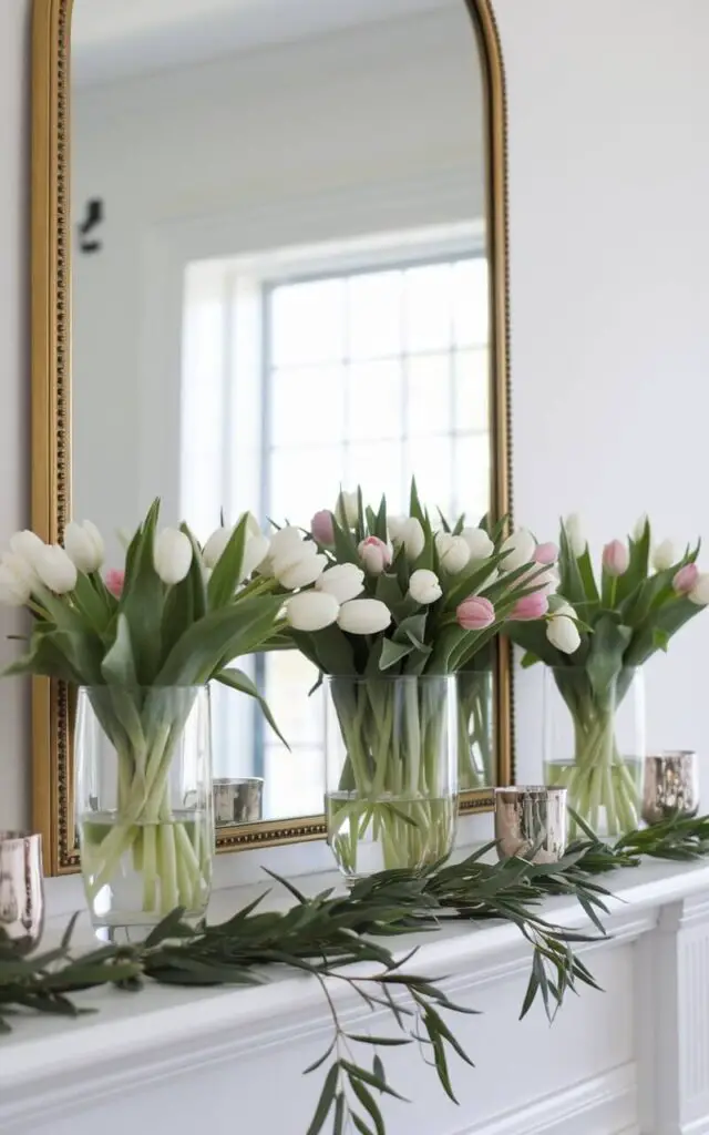 A photo of a spring mantel with a sleek gold-framed mirror as the centerpiece. The mirror reflects soft natural light. The mirror is flanked by glass vases filled with fresh white and pink tulips. Small metallic candlesticks add elegance. A simple garland of greenery drapes across the mantel, enhancing the polished, spring-inspired look.