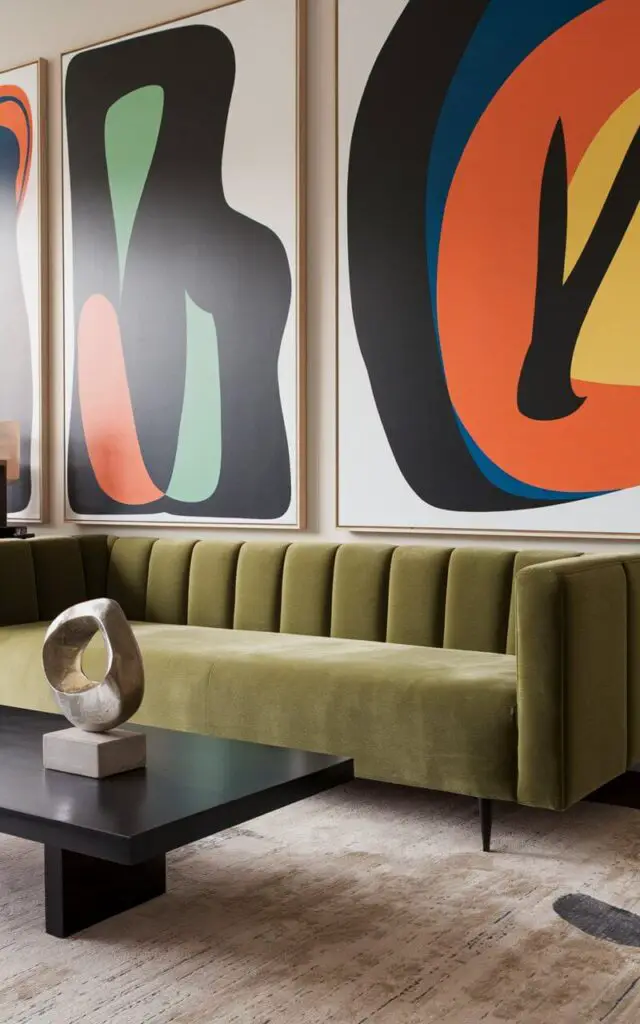 A photo of an artistic living room with a cozy green couch positioned beneath a bold, abstract modern art piece. The art features striking shapes in vibrant colors that complement the green couch. A sleek black coffee table holds an avant-garde sculpture, while a neutral area rug keeps the space grounded. The room feels contemporary and stylish. The lighting is soft.