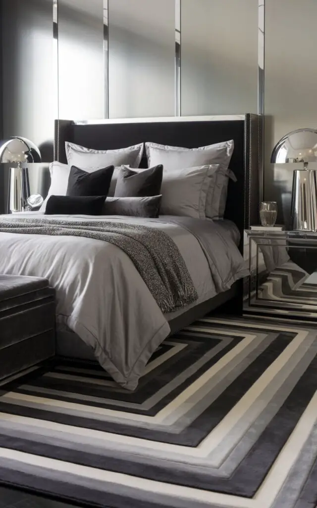 A photo of a sophisticated bedroom with a monochromatic color scheme of gray and charcoal. There are layered rugs beneath a cozy bed with matching bedding. The layering effect adds depth and dimension to the room. A sleek black headboard and chrome-accented bedside lamps complete the modern look. A textured throw and velvet accent pillows add softness to the room.