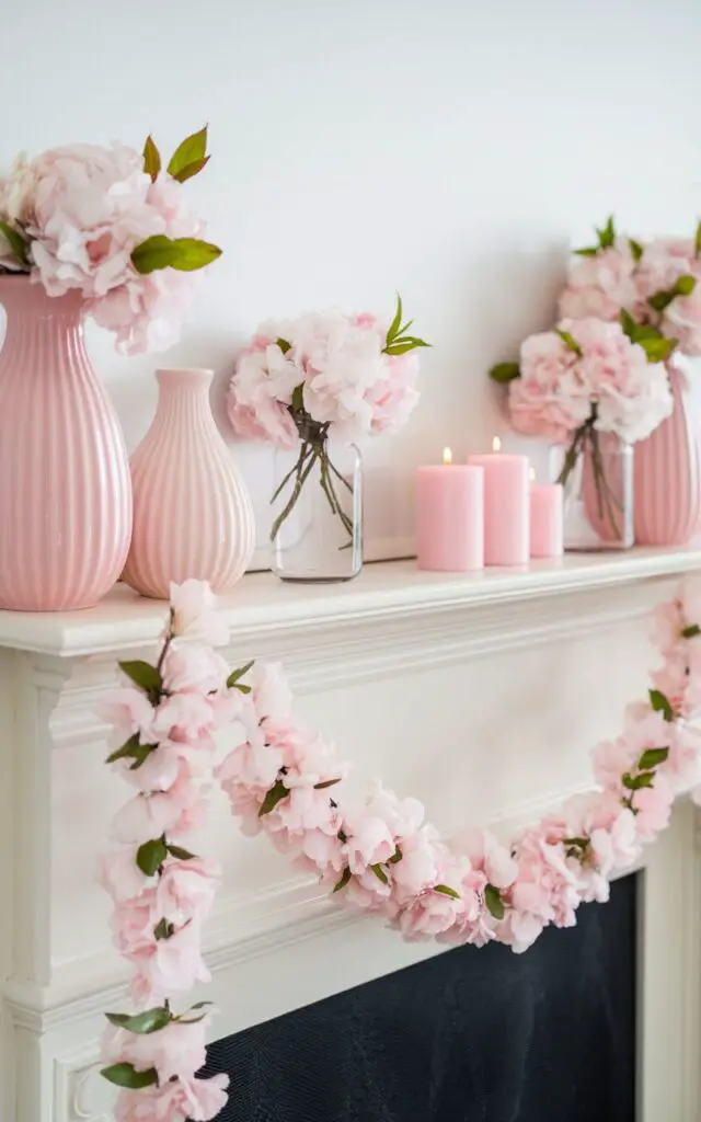 A photo of a spring mantel decorated entirely in shades of soft pink. The mantel is adorned with pink ceramic vases, pastel candles, and light pink blossoms arranged in glass jars. A blush-colored garland drapes along the mantel's edge, creating a cohesive and visually striking spring-inspired design.