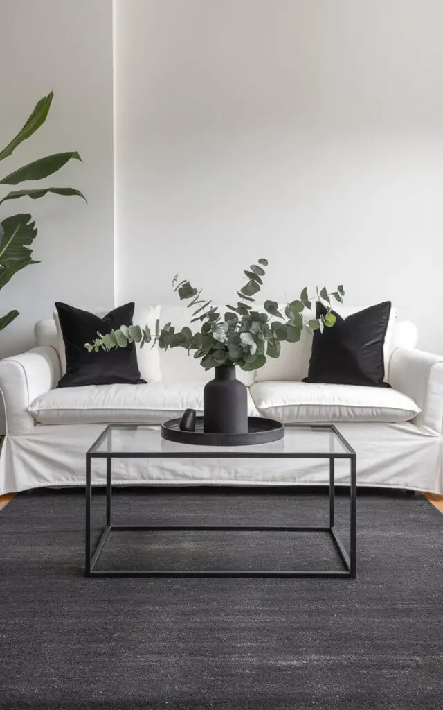 A photo of a sleek and minimalist living room with a monochromatic living room rug in solid charcoal gray. The very cozy white sofa provides a striking contrast, styled with black throw pillows for a cohesive look. A modern, black metal coffee table sits atop the rug, with a simple vase of greenery as the centerpiece. The monochrome palette keeps the room elegant and understated, allowing the furniture and rug to harmonize beautifully.