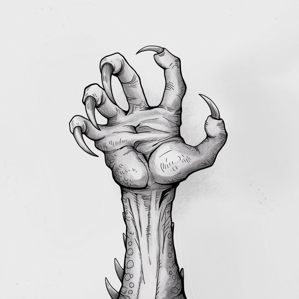 A minimalist, plain white background pencil drawing illustration of a monstrous hand featuring exaggerated claws and rough, textured skin. The fingers are long and slightly gnarled, with sharp, jagged nails adding an eerie touch. Veins and scales are subtly sketched for added detail, and faint shading highlights the unnatural anatomy. Drawn in a simplistic style, the image conveys a creepy, fantastical vibe.