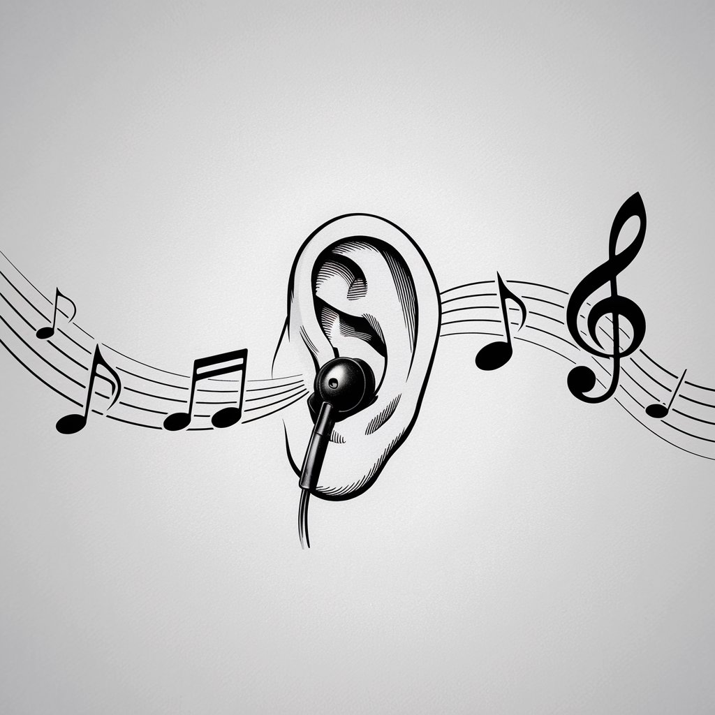 A minimalist, plain white background pencil drawing illustration of a human ear wearing earbuds. The ear is black and white, drawn in a simplistic style. Musical notes are swirling around the ear, adding a dynamic, creative element.