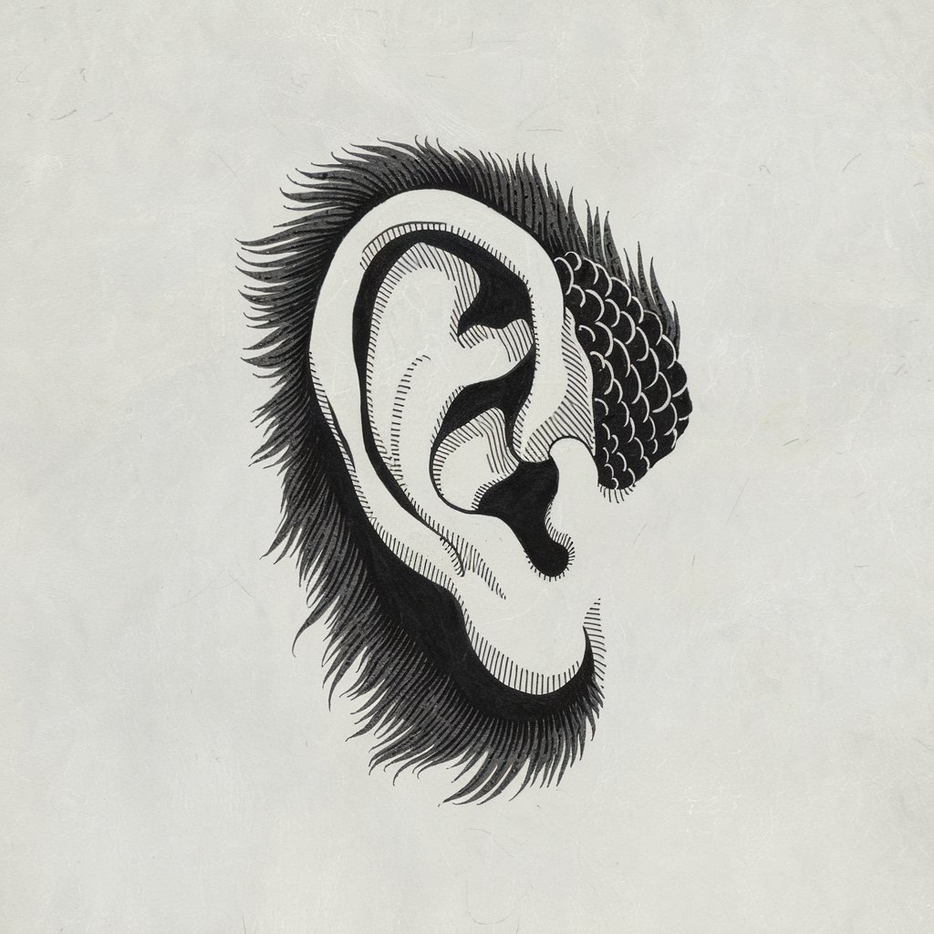 A minimalist, plain white background pencil drawing illustration of a mythical creature's ear, featuring dragon-like scales and fur. The ear is black and white, drawn in a simplistic style, combining textures to create an otherworldly appearance.