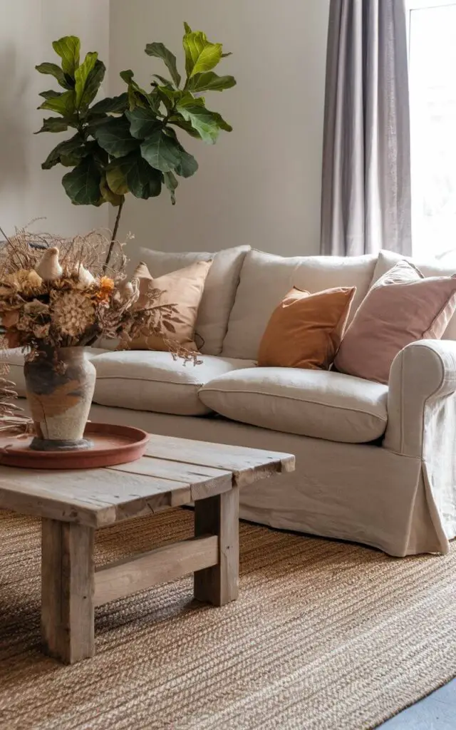 A photo of a rustic yet refined living room. There's a beige linen sofa with soft pillows in earthy tones. A reclaimed wood coffee table is placed in front of the sofa. A potted fiddle-leaf fig tree and a ceramic vase filled with dried flowers are placed on the coffee table. The room has a woven jute living room rug as the foundation. The rug's textured surface adds depth and pairs beautifully with the room's natural aesthetic.