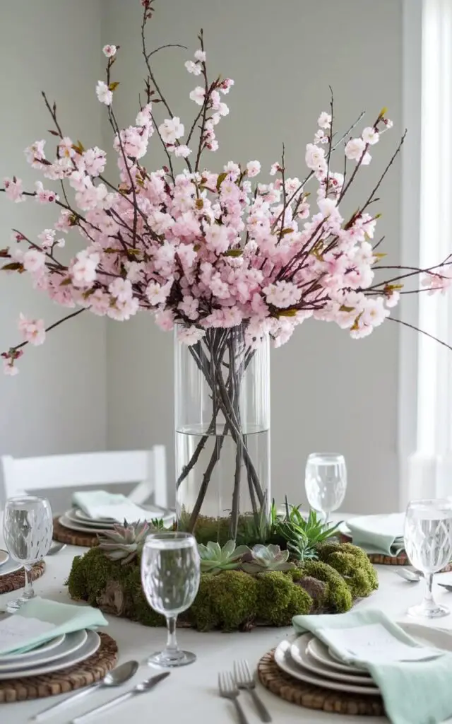 A photo of a spring dining table with a tall glass vase filled with cherry blossom branches at the center. The soft pink blossoms extend outward, creating a striking yet delicate display. Moss and succulents are placed around the vase, adding texture and grounding the natural look. The earthy centerpiece contrasts beautifully with the clean lines of white plates and pastel linens.