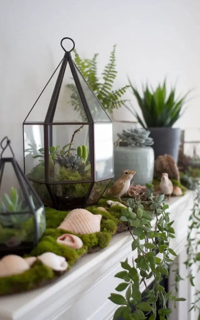 A photo of a spring mantel transformed into a mini nature scene. There are terrariums filled with moss and small potted plants. There are seashell accents, and garden figurines of tiny birds and bunnies. The background is a white wall. The overall setting is calming and nature-inspired.