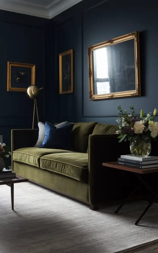 A moody and sophisticated living room with a very cozy green couch against navy blue walls. Gold-framed art pieces and a brass floor lamp add richness to the dark backdrop. A light gray rug softens the space, while a wooden side table holds a stack of books and a vase of fresh flowers. The dramatic combination feels refined and stylish.