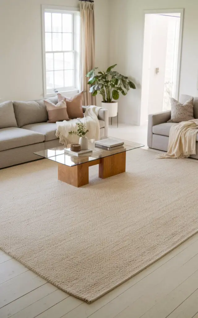 A bright, airy living room with a spacious neutral rug in a soft beige tone that stretches across the floor, perfectly anchoring the room. The cozy, overstuffed gray sofa adds warmth, complemented by a plain wooden coffee table with a glass top. Decorative pillows in muted tones and a cream throw blanket on the sofa enhance the comfortable vibe. Large windows let in natural light, and a potted green plant in the corner completes the serene atmosphere. The neutral living room rug ties the room together with understated elegance.