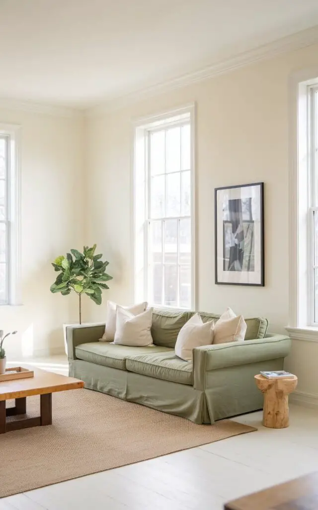 A photo of a bright and airy living room with a cozy green couch as the focal point. The walls are painted a soft white, and large windows allow natural light to stream in. A beige area rug anchors the seating area. Minimalist decor includes a wooden coffee table, a single potted plant, and framed black-and-white artwork. The green couch stands out beautifully, creating a harmonious and serene space that feels open and welcoming.