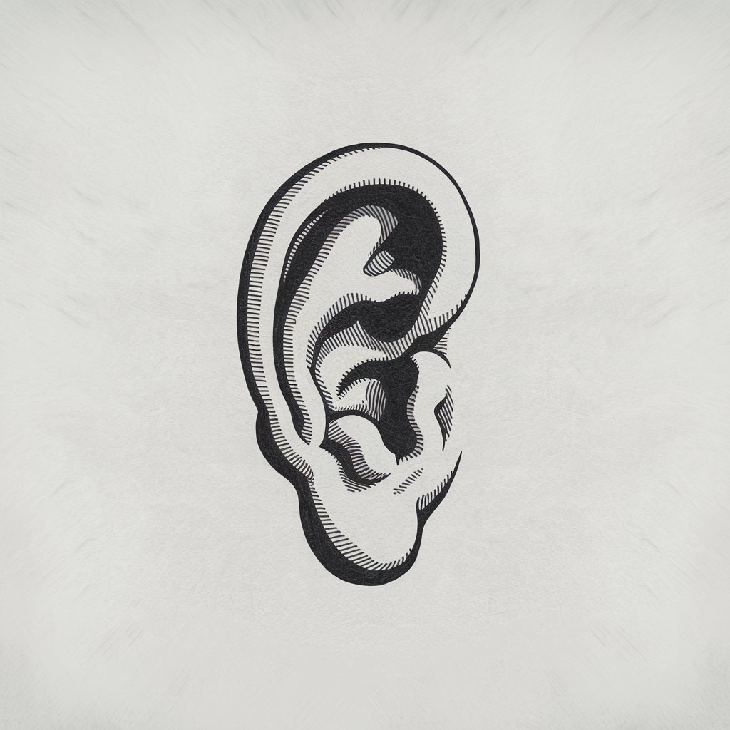 A minimalist, plain white background pencil drawing illustration of an aged ear with pronounced wrinkles and a slightly drooping lobe. The ear is black and white, drawn in a simplistic style, emphasizing texture and the passage of time.