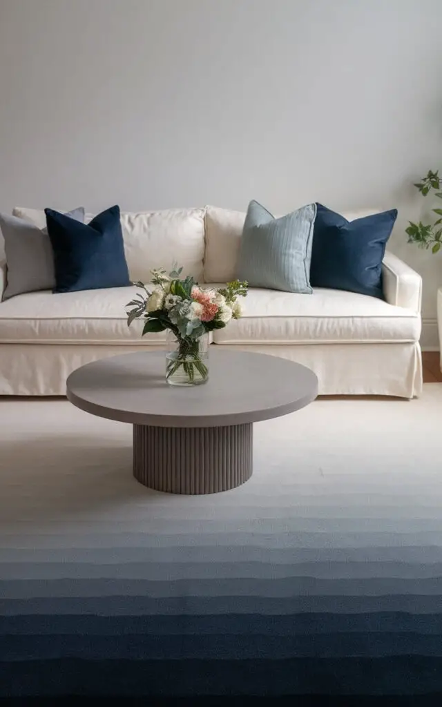 A photo of a serene and stylish living room with an ombre living room rug that fades from a deep navy at one end to a soft gray at the other. The room features a cozy cream sofa with throw pillows in coordinating shades of blue and gray. A round wooden coffee table sits atop the rug, adorned with a vase of fresh flowers. The gradient effect of the rug adds subtle movement and visual interest, giving the space a modern, sophisticated vibe.