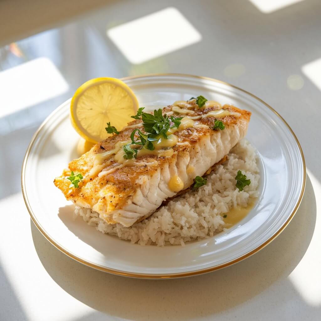 A photo of a beautifully plated dish of a crusty, juicy golden-yellow all over, wet pan-seared cod resting on a gleaming white ceramic plate. The cod is garnished with a glossy drizzle of lemon butter sauce, chopped fresh parsley, and a slice of lemon drizzled with the lemon butter sauce arranged artfully beside it. The cod is placed on top of a steamed cooked white rice. The entire dish is placed on a bright white kitchen countertop adorned with subtle reflections of natural sunlight.