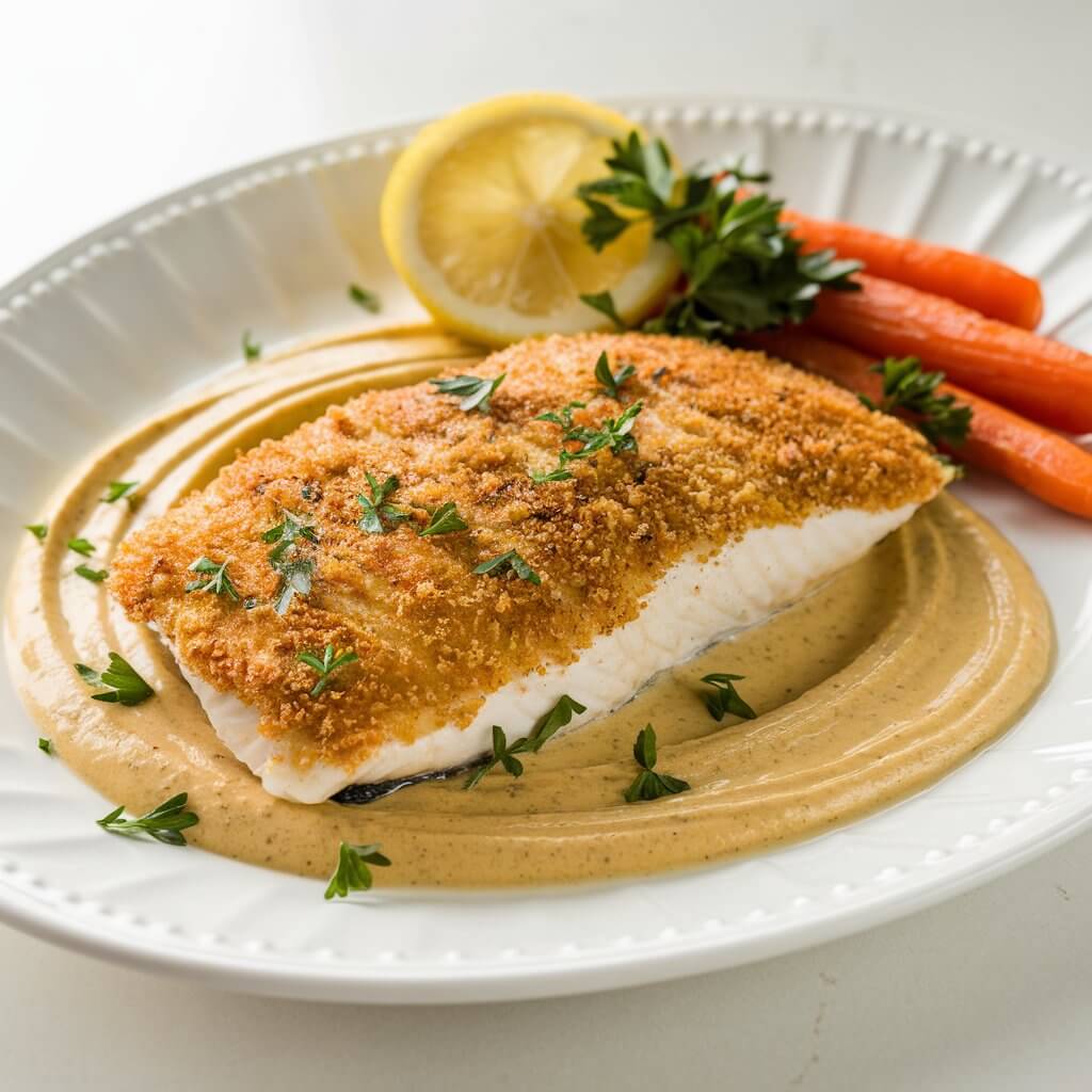 A photo of a golden-brown panko-crusted sole fillet resting on a swirl of rich Dijon cream sauce, with fresh chopped parsley sprinkled over the top. The dish is served with a side of roasted baby carrots and a lemon wedge. It's plated on a white serving plate, with the bright white kitchen countertop adding a clean and polished finish to the presentation.