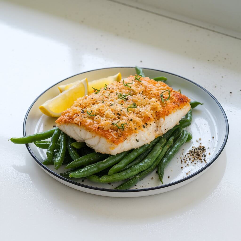 A photo of a sizzling hot piece of Parmesan-crusted tilapia on a white kitchen countertop. The tilapia sits atop a bed of steamed green beans. There are lemon wedges nestled nearby on the plate, and a small sprinkle of cracked black pepper adds a final gourmet touch. The bright white kitchen countertop provides a clean, minimalist backdrop that accentuates the tilapia's crispy crust.