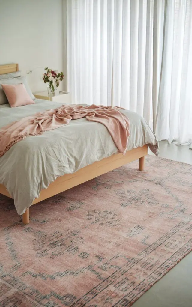 A serene bedroom with a pastel pink and blue area rug beneath a cozy bed. The bed is covered in light gray bedding and features soft pink throw pillows. The rug's delicate tones harmonize with the room's soft, neutral color scheme, which includes light wooden furniture and airy white curtains. A single vase of fresh flowers sits on a simple bedside table, adding a touch of elegance.