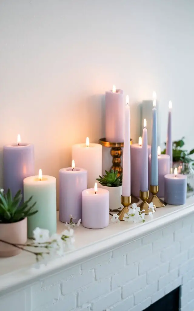 A serene spring mantel styled with an assortment of pastel-colored candles in shades of lavender, blush pink, and soft blue. The candles are arranged in varying heights, with some in brass holders for a touch of shine. The mantel is complemented by a few small potted plants and delicate white blossoms scattered around. Soft candlelight casts a gentle glow, creating a tranquil springtime ambiance.