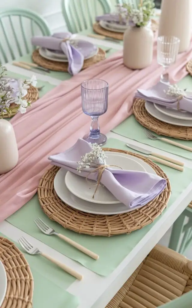 A photo of a spring dining table with a blush pink table runner and mint green placemats. Lavender napkins folded elegantly sit atop white plates, tied with twine and a sprig of baby's breath. Soft pastel tones dominate the setting, enhanced by natural textures like a woven rattan charger. The table is surrounded by matching pastel accents in the chairs and decor, exuding a calm and refreshing spring atmosphere.