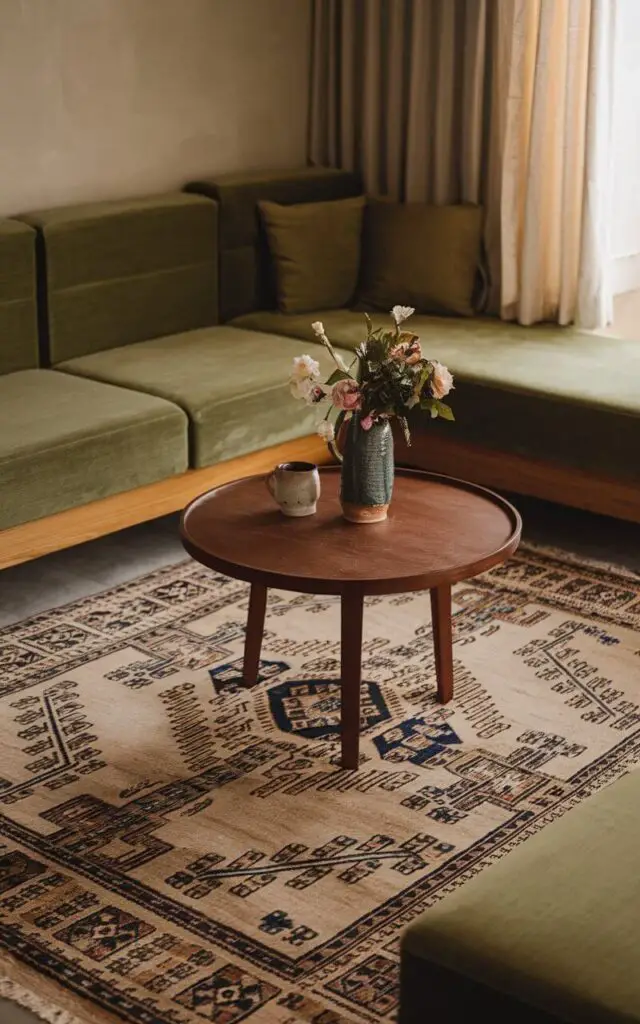 A cozy living room with a green couch on a patterned rug. The rug has intricate geometric designs in beige and blue. There's a round wooden coffee table with a vase of flowers and a ceramic mug. The walls and curtains are neutral-toned. The room has a warm and dynamic atmosphere.