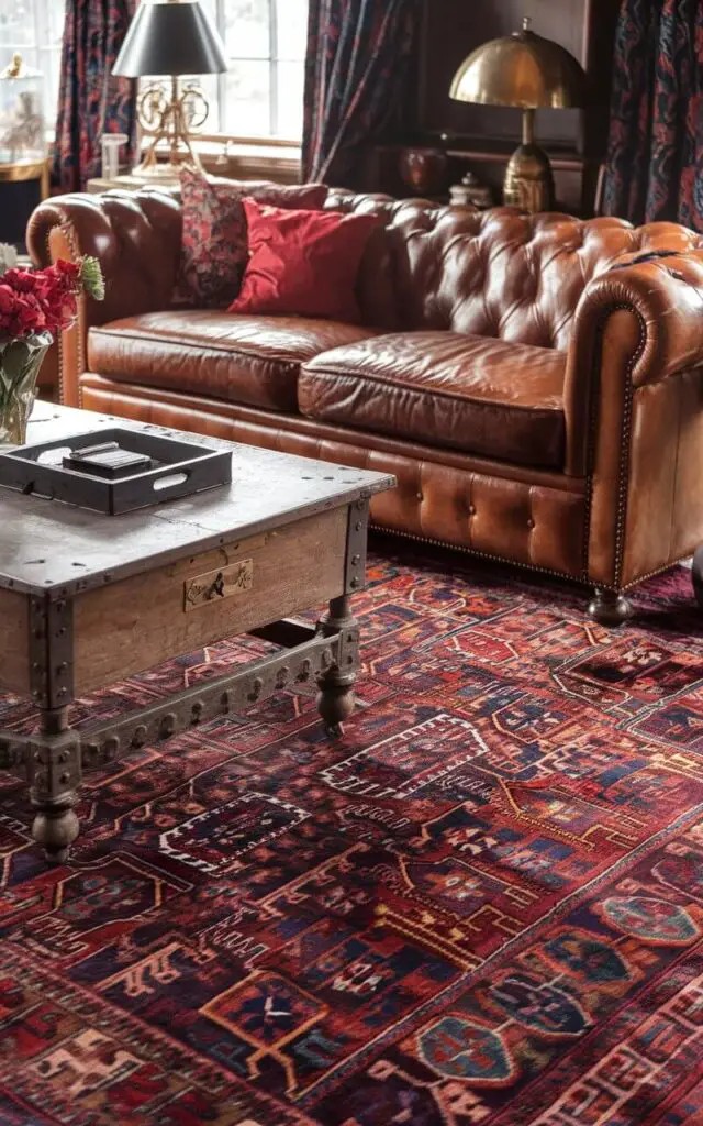 A photo of a luxurious living room with a handwoven Persian rug in deep red and navy tones, intricately patterned with traditional motifs. The Persian rug serves as the heart of this elegant space. The room contains a cozy leather Chesterfield sofa in a rich caramel color, adorned with soft throw pillows in jewel tones. A vintage wooden coffee table with brass accents adds character. Antique-style lamps complete the timeless ambiance.