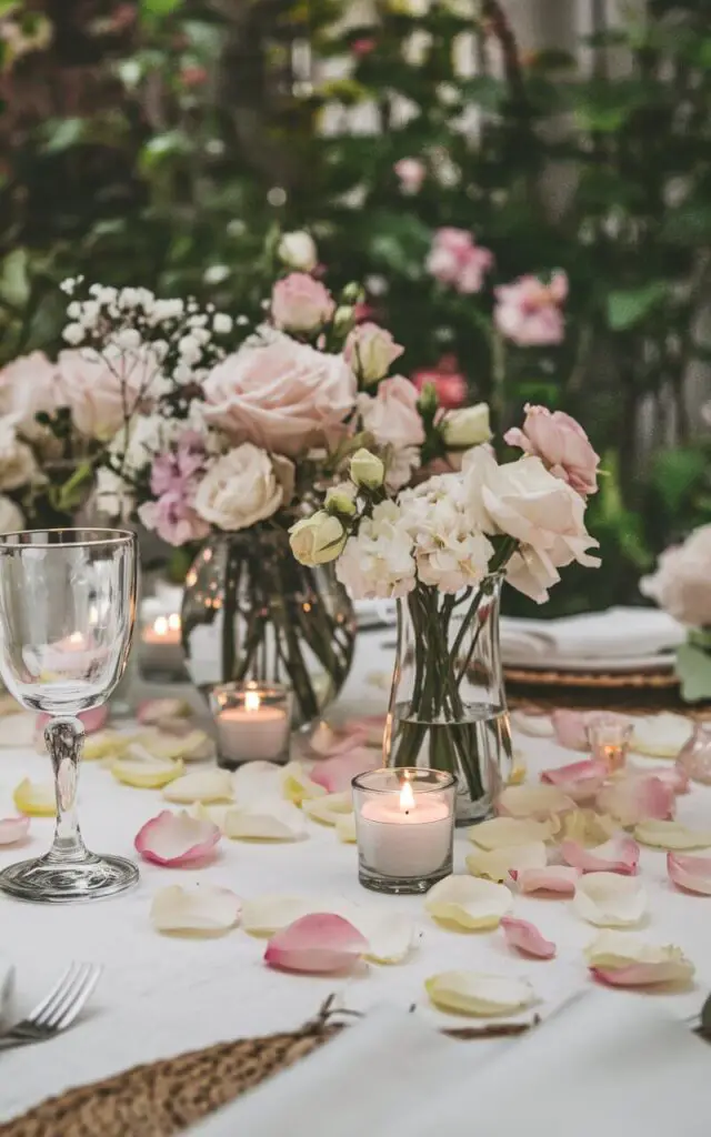 A cinematic shot of a romantic spring dining table. The table is covered with a white tablecloth and has scattered rose petals. Small votive candles and tea lights are placed among the petals, casting a warm glow. The centerpiece features a vase of pastel flowers. The background is a lush green setting with flowers.