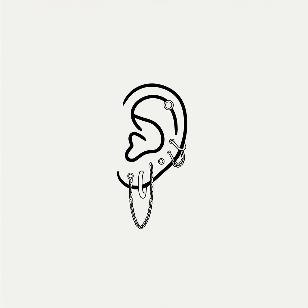 A minimalist, plain white background pencil drawing illustration of a human ear with multiple piercings, including studs, hoops, and chains. The ear is black and white, drawn in a simplistic style, with clean lines highlighting the jewelry's placement.