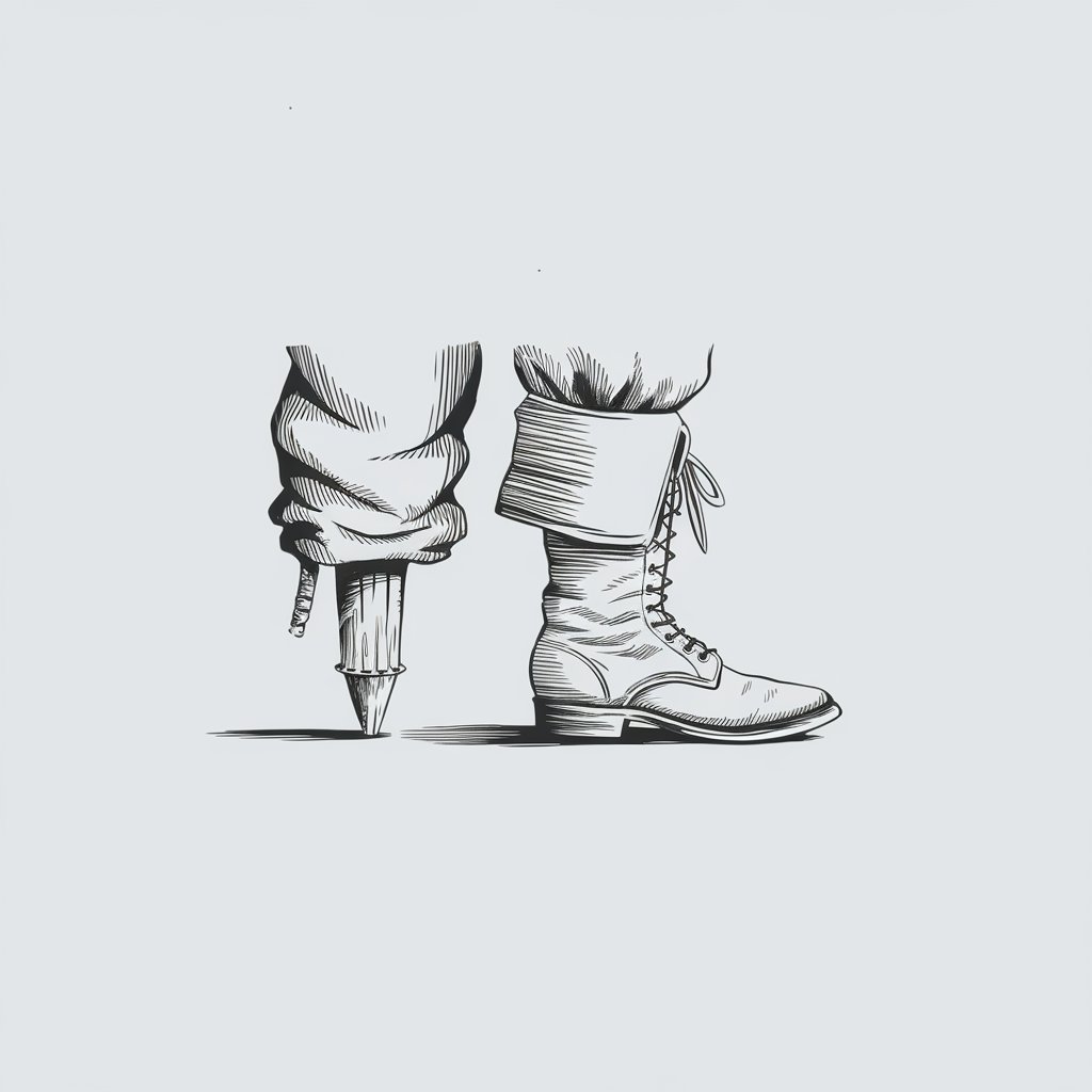 A minimalist, plain white background pencil drawing illustration of pirate legs. One leg ends in a rugged wooden peg leg. The other leg is clad in a slightly tattered pant leg, with a leather boot detailed with smooth lines. Subtle shading highlights the texture of the wood and leather. Drawn in a simplistic style, the composition is adventurous and imaginative.