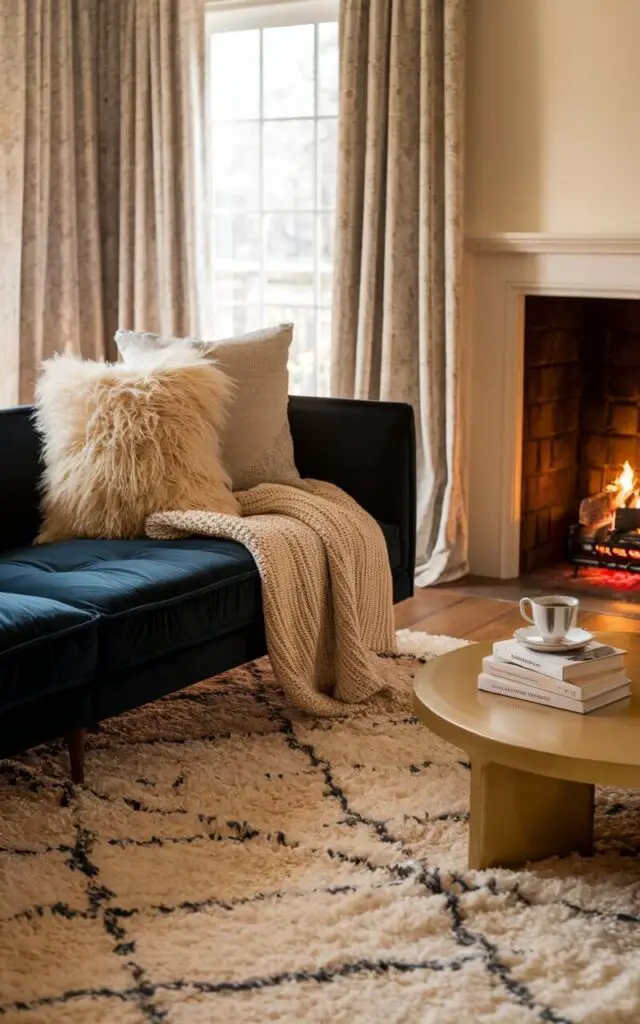 A photo of a cozy living room with a thick, plush shag living room rug in a soft cream color. The dark blue velvet sofa is paired with fluffy throw pillows and a knitted throw blanket draped casually over one arm. A low, round coffee table holds a stack of books and a warm cup of tea. Floor-length curtains and a crackling fireplace in the background complete the warm, inviting scene.