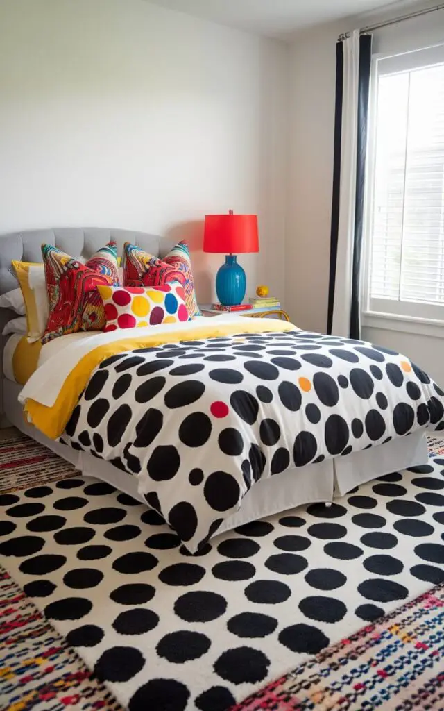 A playful bedroom with a black-and-white polka dot rug under a cozy bed with bright, colorful bedding. The rug's whimsical pattern adds energy to the space. A bold table lamp and cheerful throw pillows enhance the room's vibrant and youthful atmosphere.