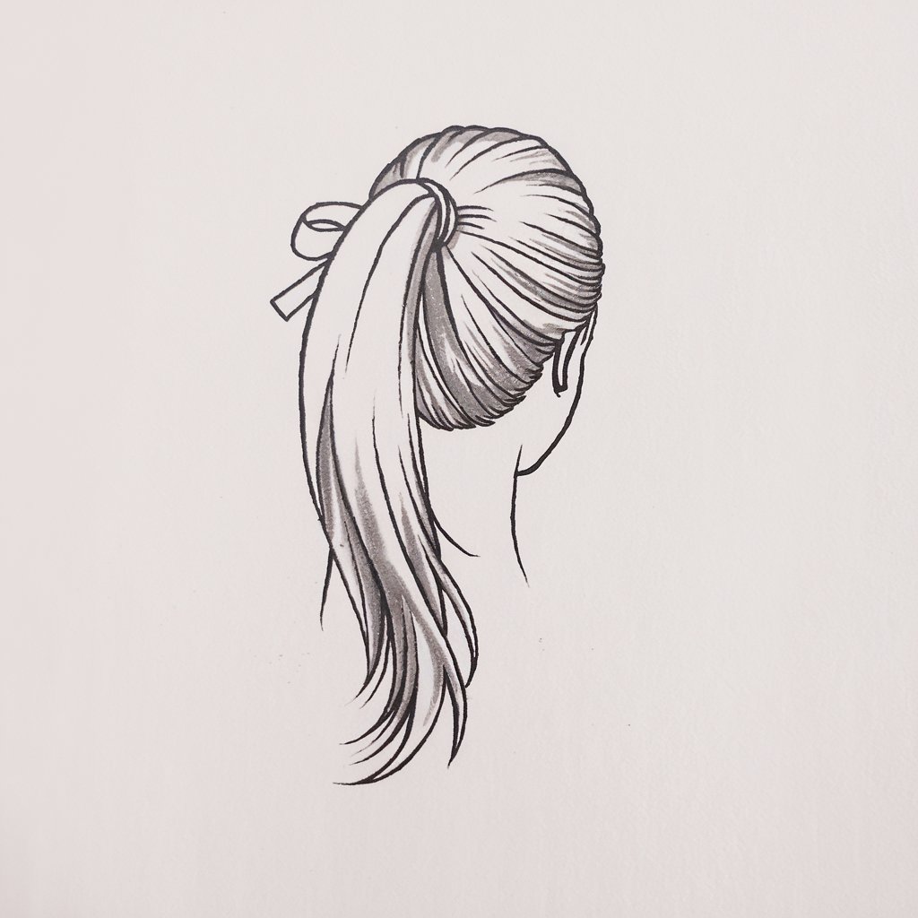 A minimalist pencil drawing of a ponytail hairstyle on a plain white background. The ponytail is sleek and flows down the back. There is a ribbon attached to the hair. The hairstyle is drawn in a simplistic style, with clean lines and minimal shading to highlight the gathered strands at the tie.