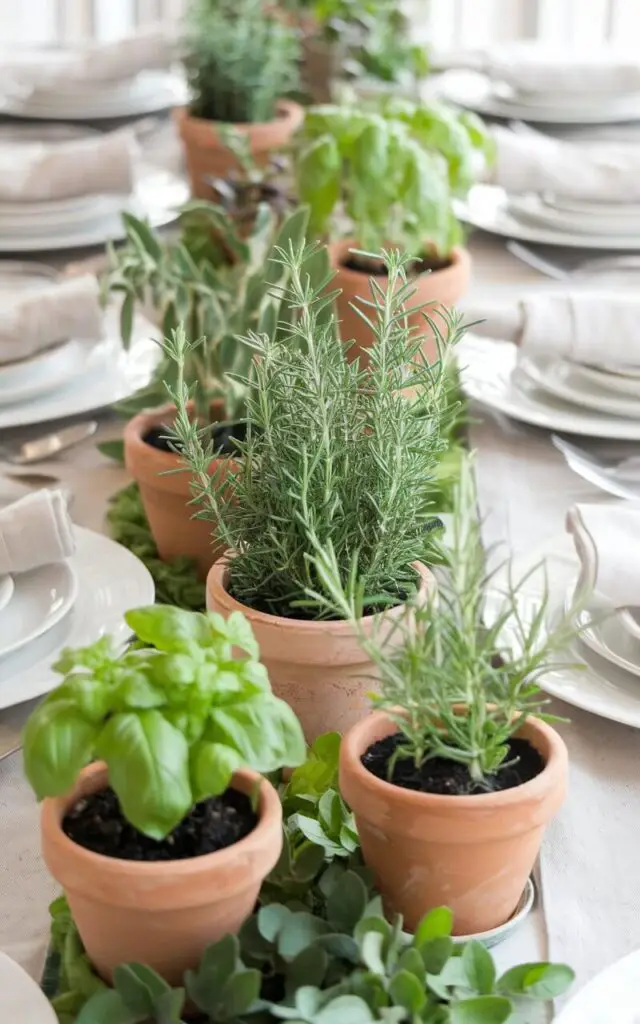 A photo of a spring dining table adorned with small potted rosemary, thyme, and basil plants in terracotta pots. The plants are evenly spaced along the table, creating a lush, green centerpiece. The earthy tones of the pots contrast beautifully with the crisp white plates and linen napkins. Natural light highlights the freshness of the plants, evoking a garden-inspired spring look.