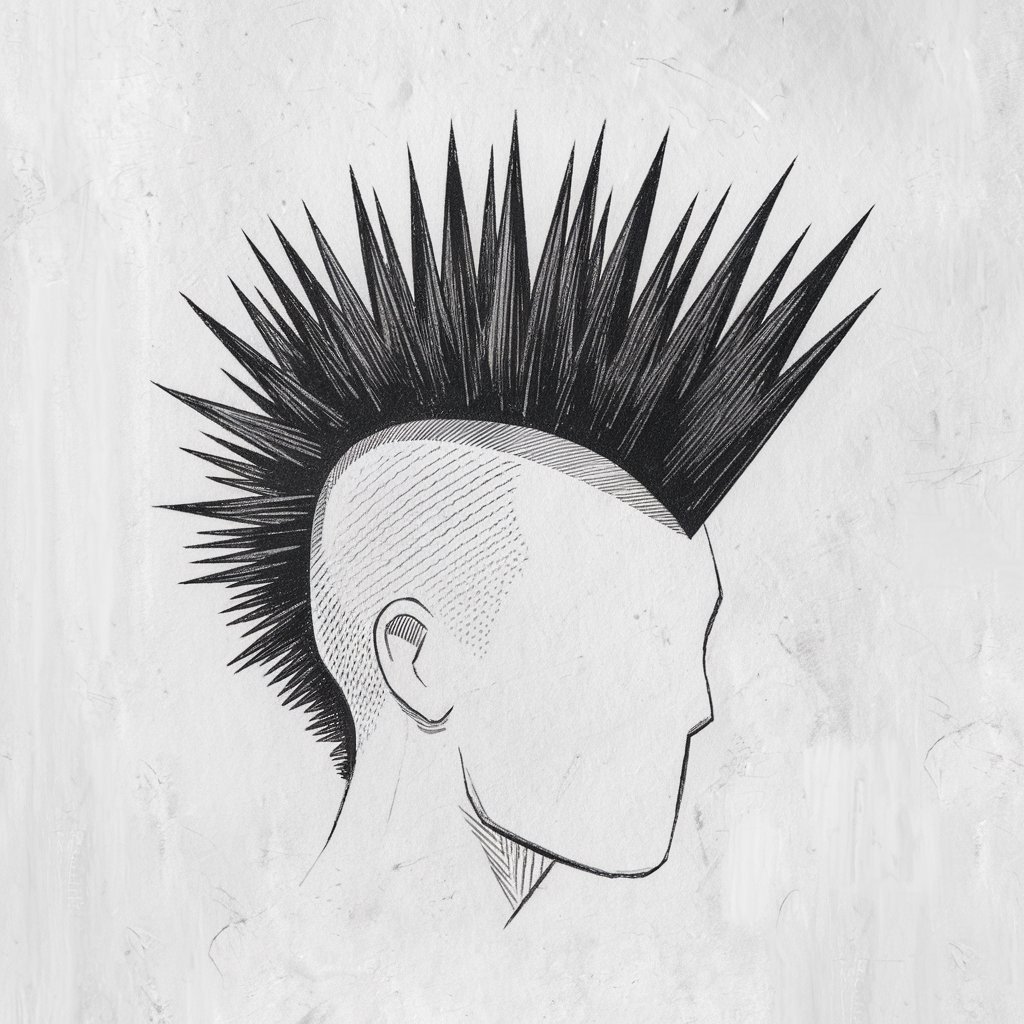 A minimalist, plain white background pencil drawing illustration of a bold mohawk with sharp, spiky strands standing tall. The hairstyle is drawn in a simplistic style, with clean lines and shaded areas emphasizing texture, complemented by lightly sketched shaved sides.