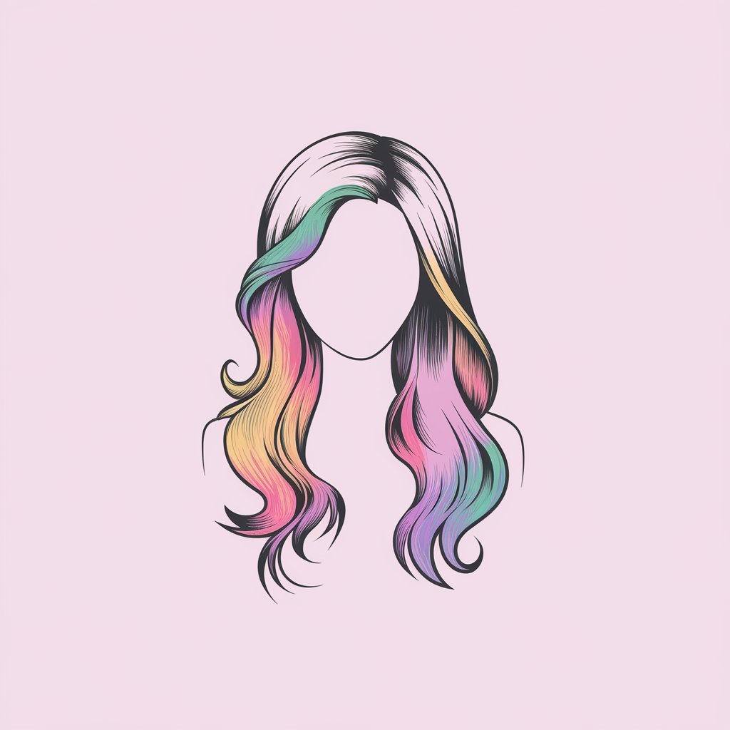 A minimalist, plain white background pencil drawing illustration of long hair with a vibrant rainbow gradient. The hairstyle is drawn in a simplistic style, with smooth lines and faint shading emphasizing the colorful and whimsical design.