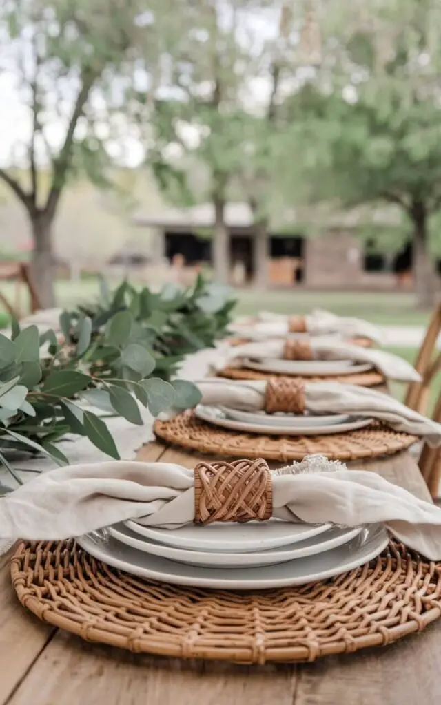 A photo of a rustic spring dining table. There are rattan chargers underneath white plates. Woven placemats and wicker napkin rings are used. Soft beige linen napkins are placed on the sides of the plates. A centerpiece of green foliage is placed in the middle of the table. The background is a serene outdoor setting with trees and a building.